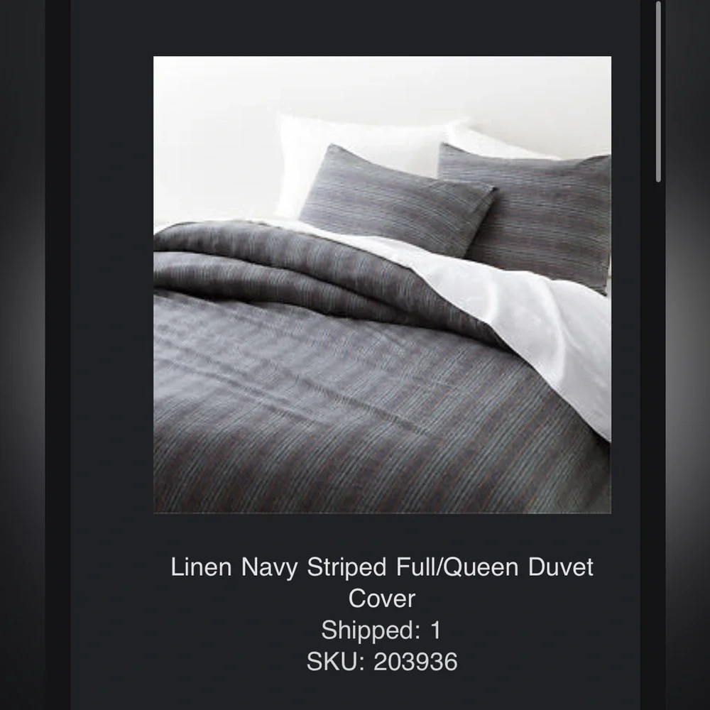 Crate & Barrel linen striped duvet cover and shams (navy, queen/full)